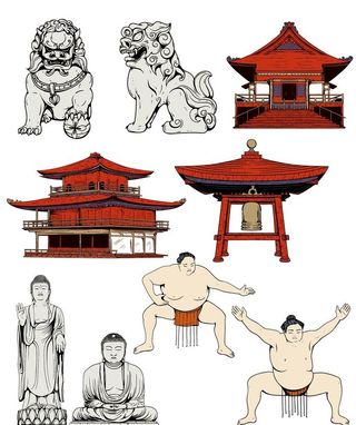 手绘,石狮子,佛像,相扑选手,矢量图,