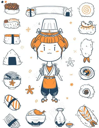 手绘简笔画日料女孩寿司饭团图片