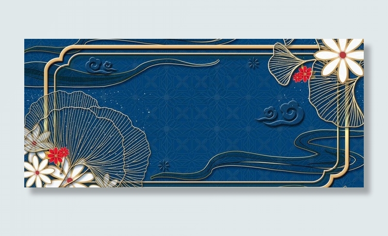 蓝金花边国潮浮雕电商边框图片