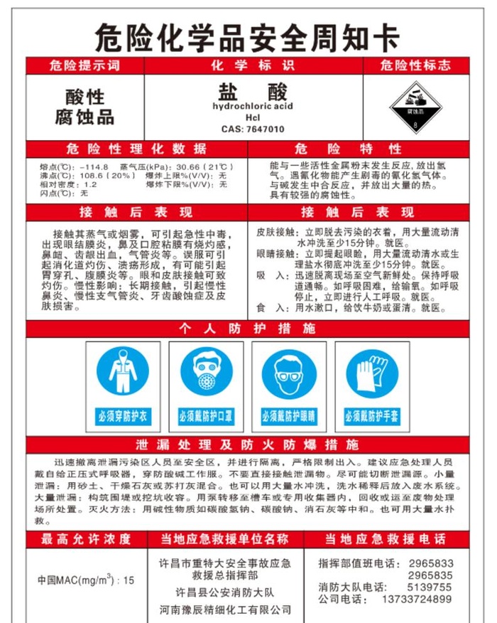 盐酸危险化学品安全周知卡图片