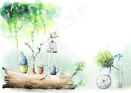 手绘水彩枯木自行车插画图片