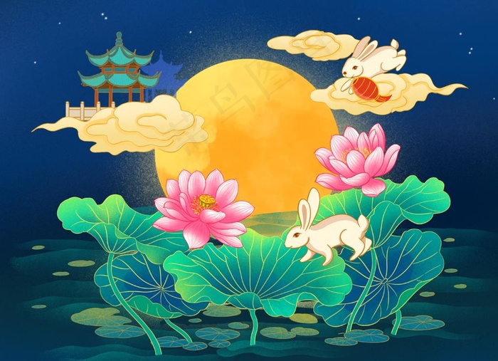 中秋荷花玉兔插画图片