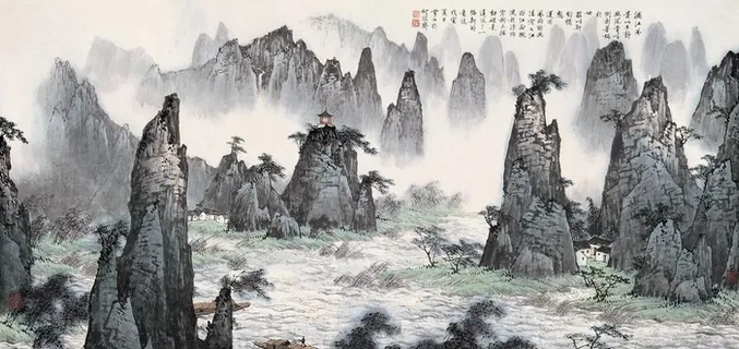 白雪石国画漓江风景图片 白雪石国画漓江风景图片