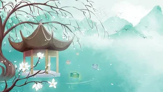 凉亭古风壁画墙画背景素材图片