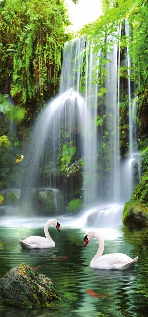 绿色森林流水生财风景画图片