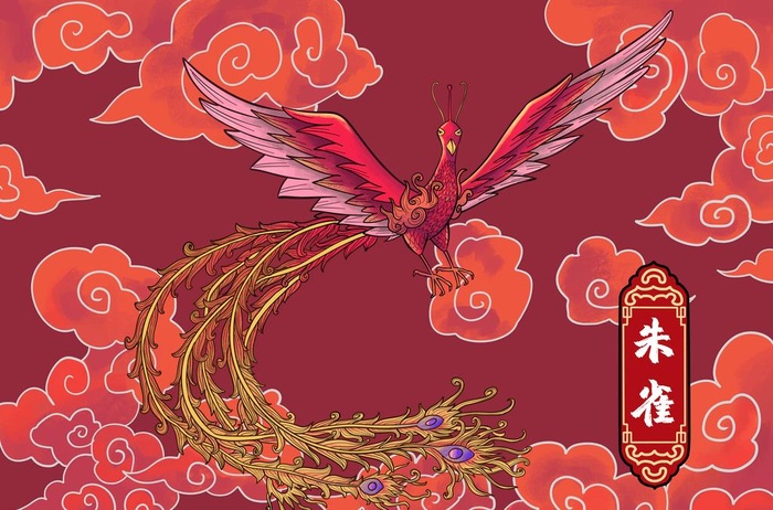 祥云里飞腾的朱雀图片(5000x3458)psd模版下载