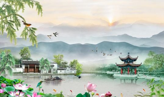 原创荷花山水风景画忆江南背景墙图片