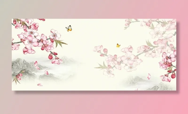 手绘桃花插画海报图片(1920x900)psd模版下载