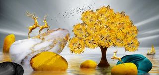 新中式麋鹿山水背景墙图片