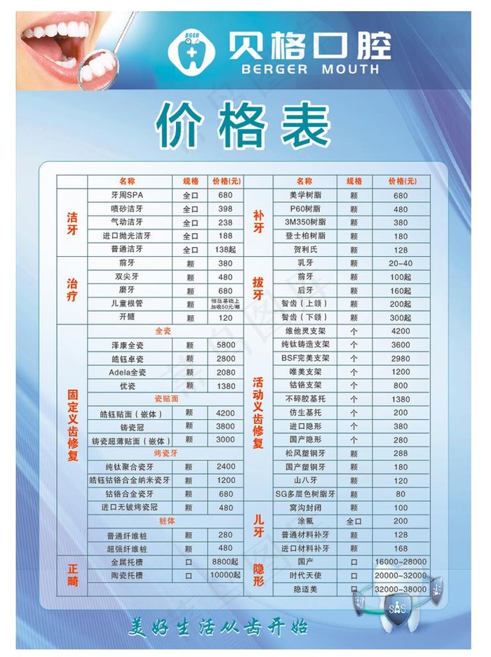 口腔价格表图片cdr矢量模版下载