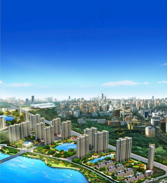 房地产 湖景 园林 效果图图片psd模版下载