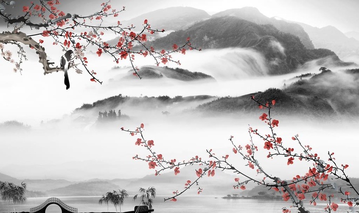 水墨山水中式创意梅花玄关屏风电图片