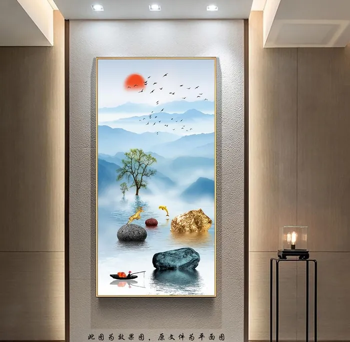 新中式麋鹿山水玄关画图片(3402x6803)psd模版下载