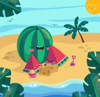 手绘矢量图沙滩西瓜绿植图片