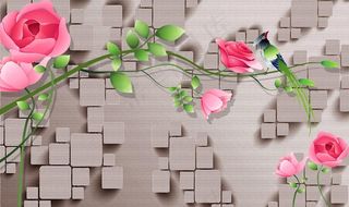 3D玫瑰方块背景墙图片