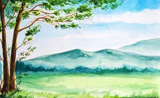 高山原野草原大树水彩画图片