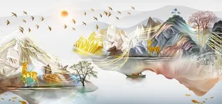 金色麋鹿意境山水装饰画图片