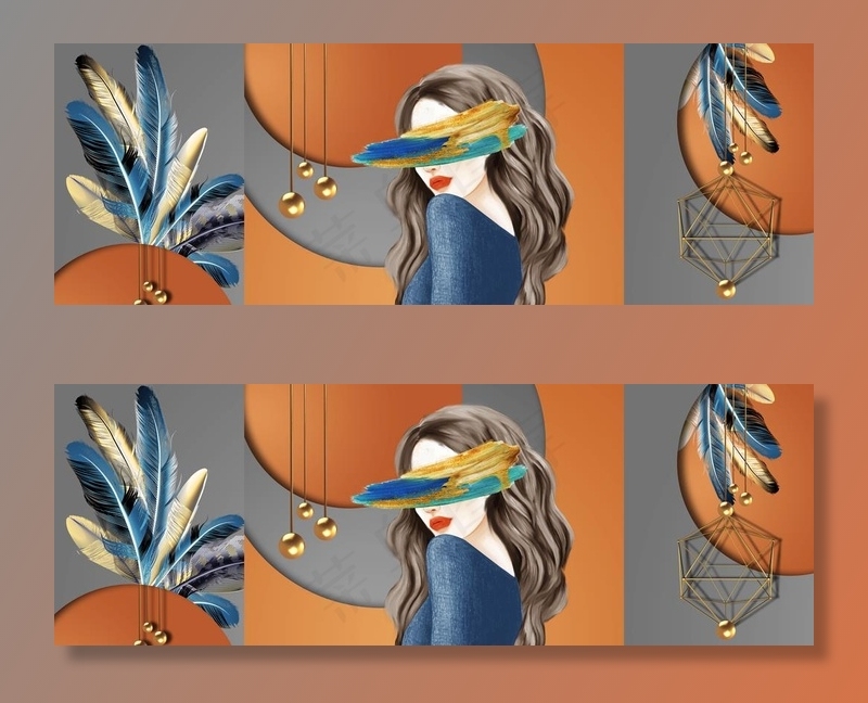 抽象美女羽毛几何图形装饰画图片(9449x3543)