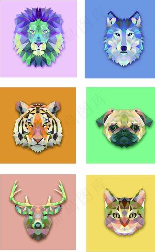 立体几何动物狮子狼虎狗猫鹿矢量图片