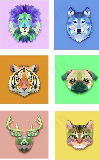 立体几何动物狮子狼虎狗猫鹿矢量图片
