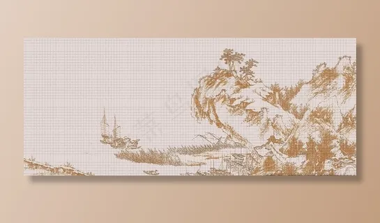 新中式山水柔美线描壁画图片