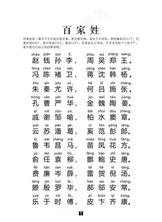百家姓 带拼音 幼儿学习可打印图片