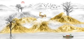 新中式麋鹿山水背景墙图片