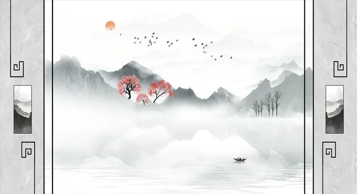 水墨山水太阳枫树大雁背景墙图片(3200x2000)psd模版下载
