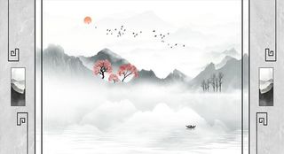 水墨山水太阳枫树大雁背景墙图片