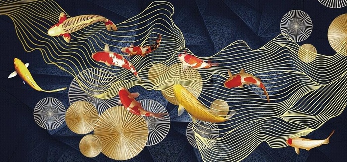 金色九鱼图艺术装饰画图片