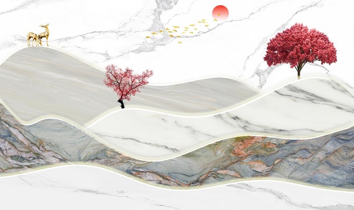 新中式麋鹿山水背景图片