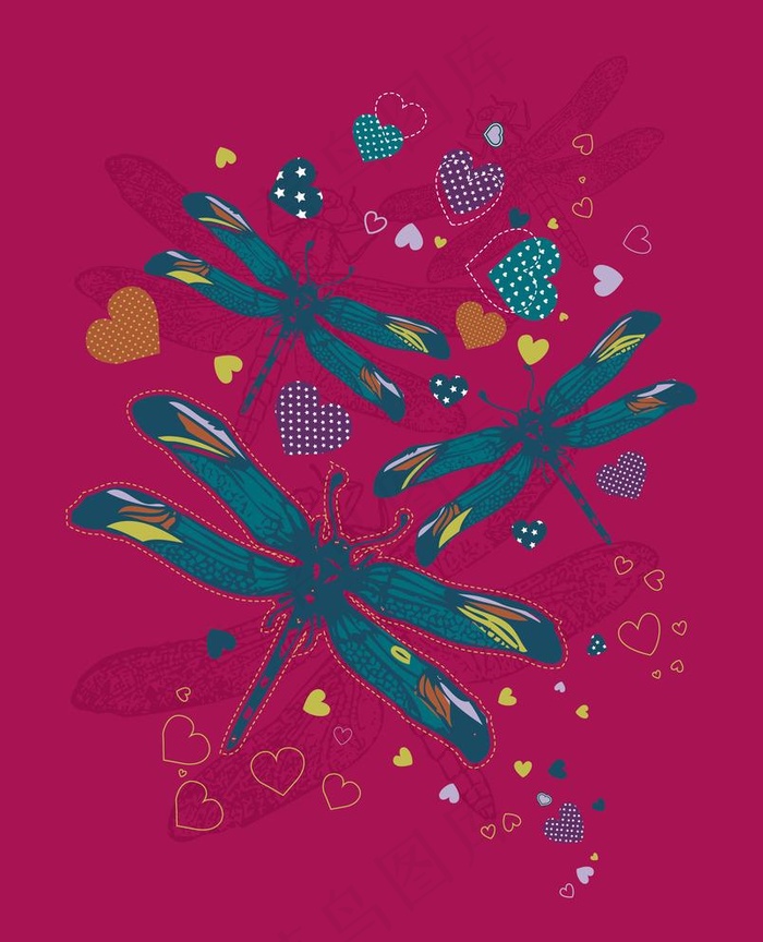 矢量卡通蜻蜓印花图案图片