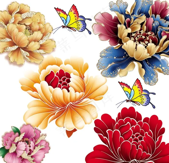 牡丹或 芙蓉花 适量花 蝴蝶图片psd模版下载