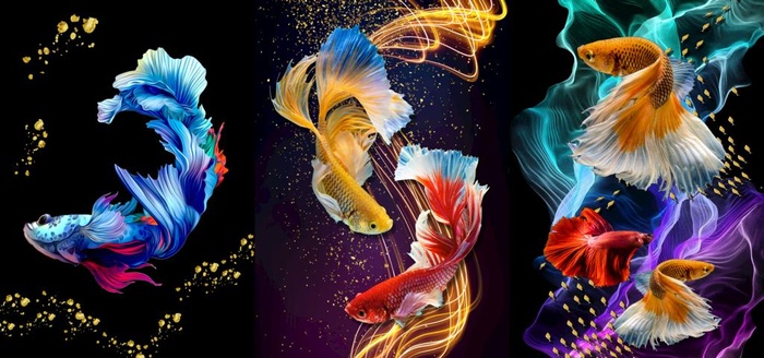 金鱼三联画图片