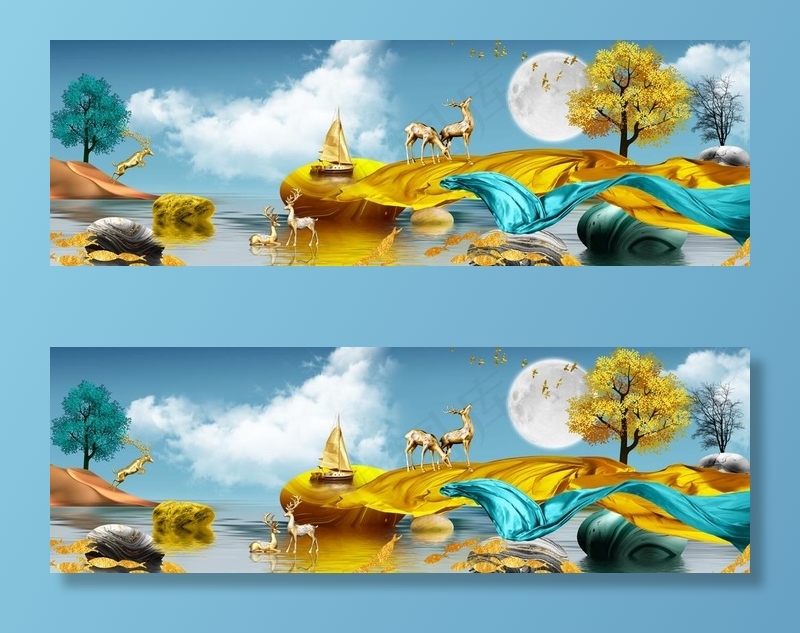 金色麋鹿山水发财鹿装饰画图片