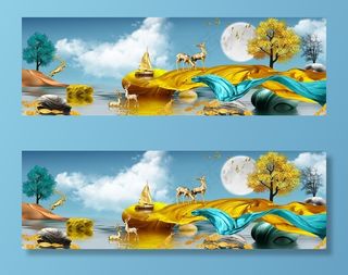 金色麋鹿山水发财鹿装饰画图片