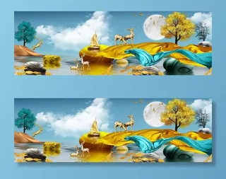 金色麋鹿山水发财鹿装饰画图片