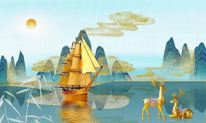 金色帆船山水背景墙图片(9071x5669)psd模版下载