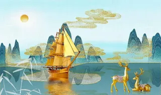 金色帆船山水背景墙图片