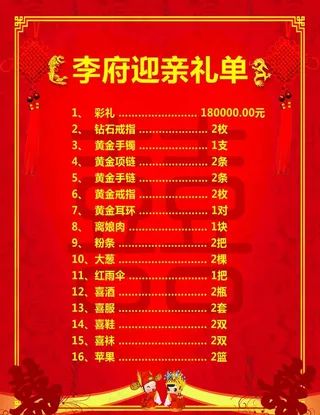 迎亲礼单结婚礼单接亲陪嫁礼单图片