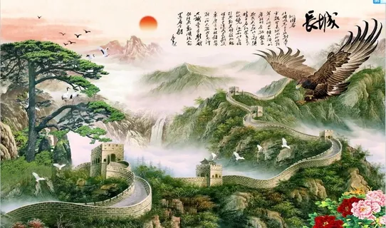 迎客松长城老鹰大展宏图图片