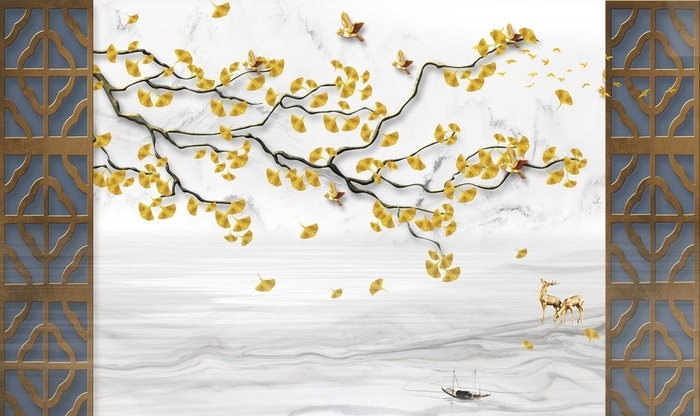 银杏叶花鸟背景墙图片(9071x5669)psd模版下载