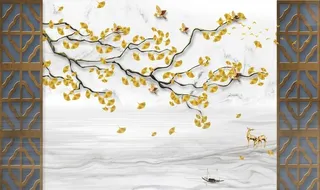 银杏叶花鸟背景墙图片