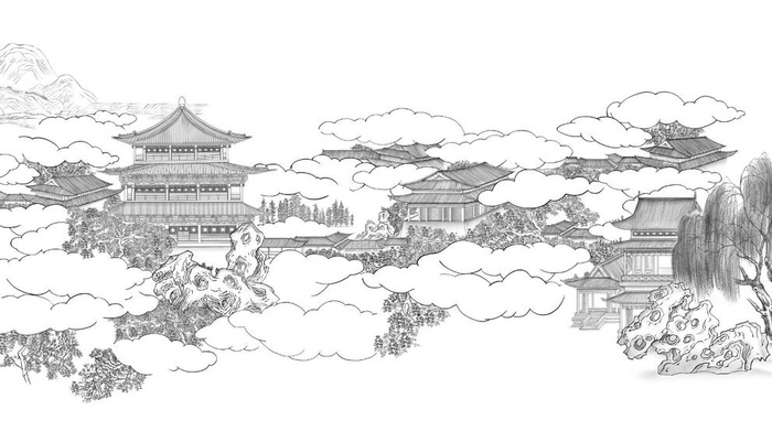 纯手绘中式古典水墨庭楼意境图图片(18440x10557)psd模版下载