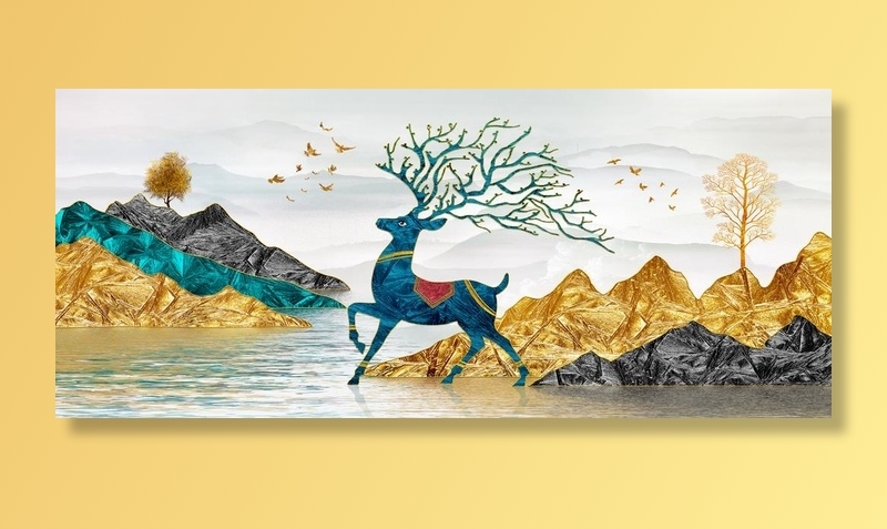 金色麋鹿山水晶瓷画图片(9209x4193)psd模版下载
