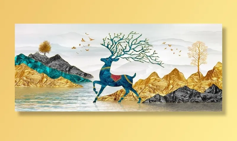 金色麋鹿山水晶瓷画图片(9209x4193)psd模版下载