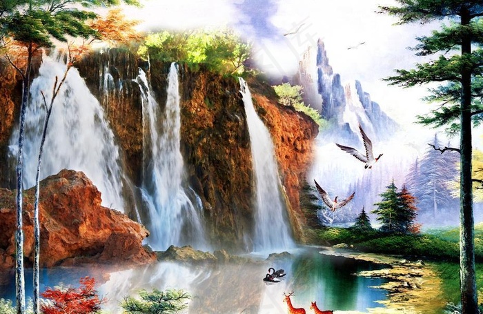 油画装饰画山水画瀑布小鹿风景画图片psd模版下载