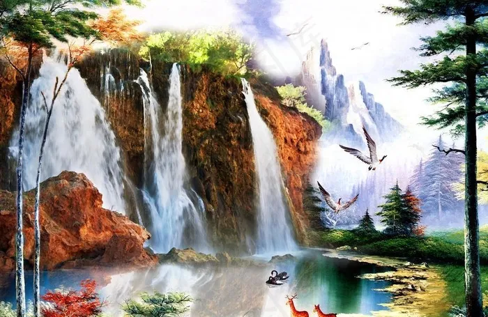 油画装饰画山水画瀑布小鹿风景画图片psd模版下载