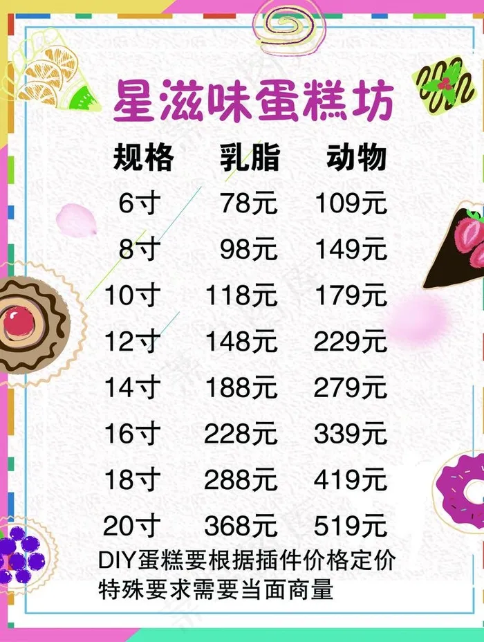 蛋糕坊价目表图片psd模版下载