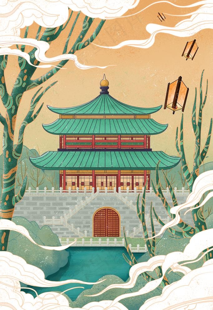 古建筑插画图片(3545x5315)psd模版下载
